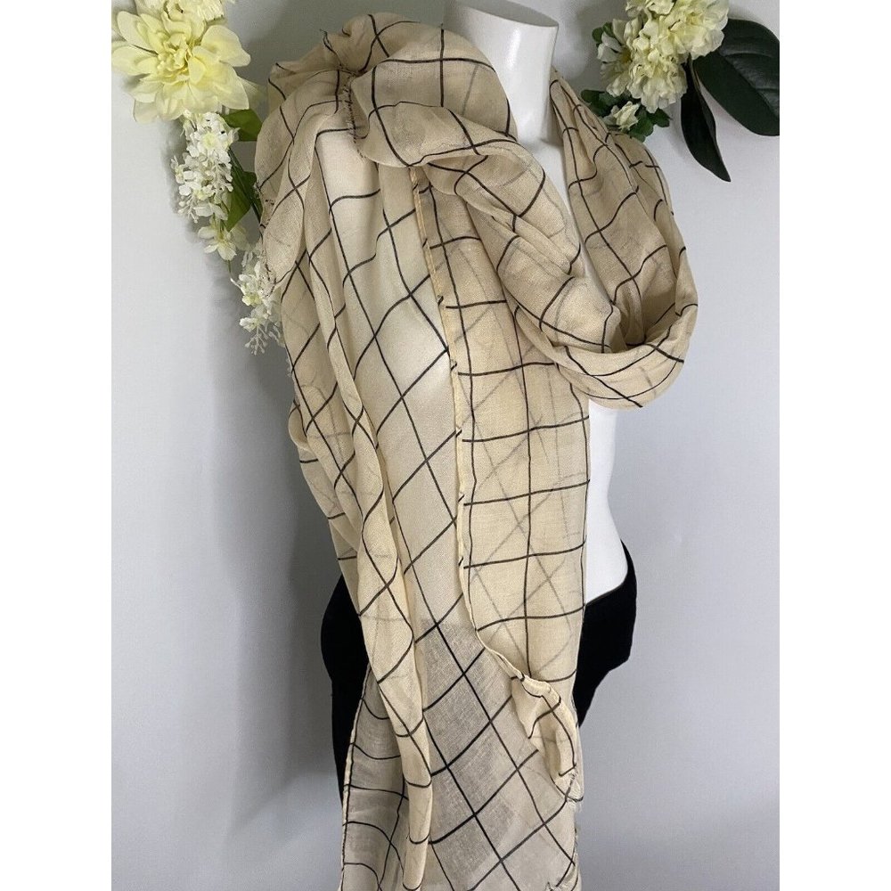 Vintage Rachel Pally 73” X 31” Scarf Wrap Plaid Beige Dark Gray Head Cover Up.